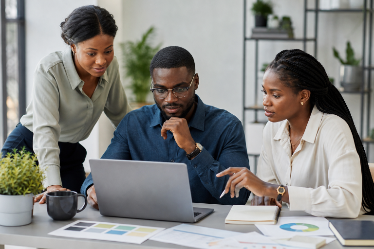 Nigerian business owner reviewing domain name choices for a website and email setup