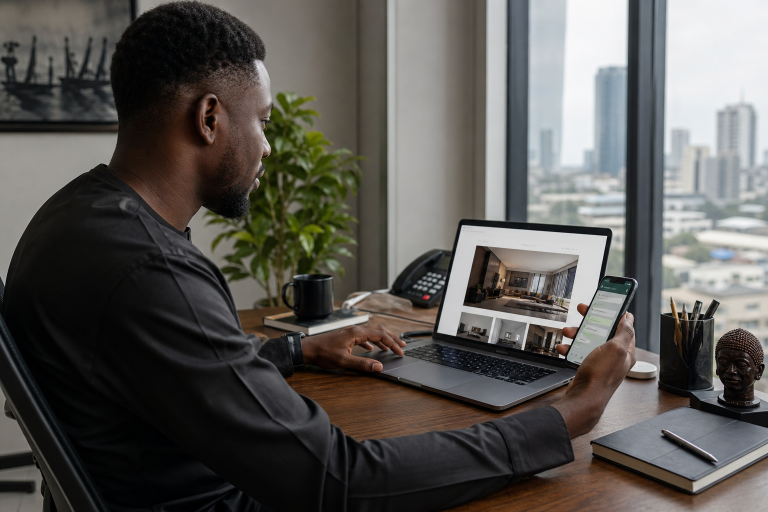 Nigerian SME founder reviewing a website on a laptop with smartphone business tools on the desk
