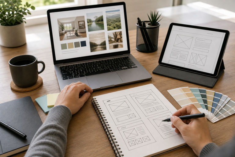 Modern workspace with a laptop and planning materials representing website builder choices for beginners