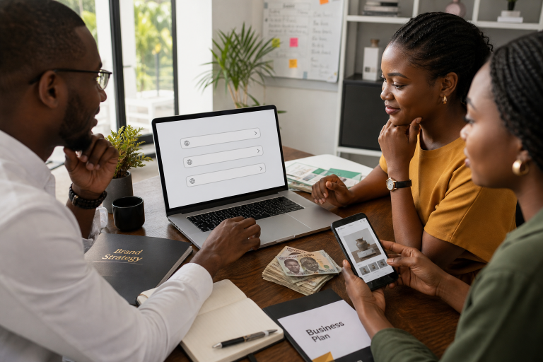 Nigerian business owner comparing .com.ng and .com domain options on a laptop in a modern office