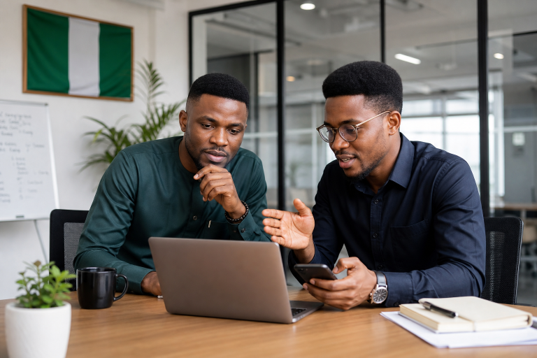 Nigerian founder and web developer reviewing website performance on a laptop and smartphone in a modern office
