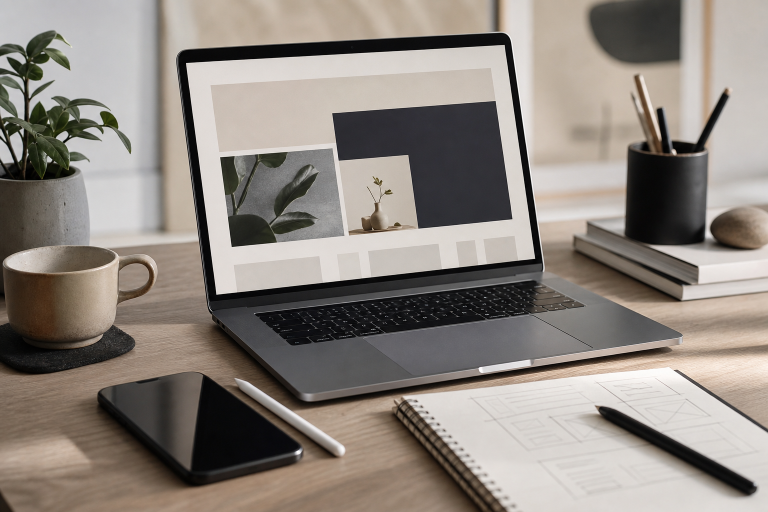 Modern workspace showing a designer’s laptop and tools for building a website with Framer