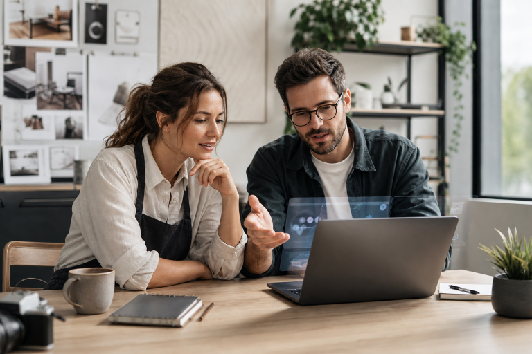Small business owner and website designer discussing an AI-assisted website build on a laptop in a modern office