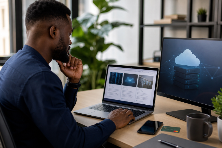 Nigerian business owner reviewing website hosting options on a laptop in a modern office