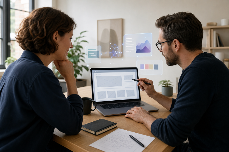 A small business owner and web designer reviewing an AI-assisted website design on a laptop in a modern workspace