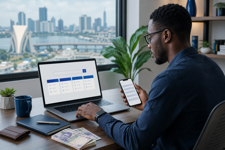 Nigerian entrepreneur comparing .com domain pricing on a laptop and phone in a modern workspace