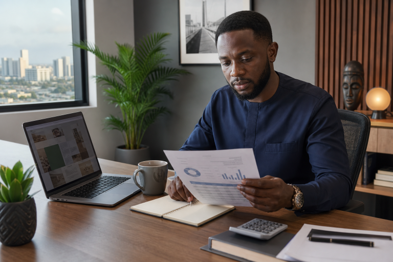 Nigerian entrepreneur reviewing a business website budget with a laptop in a modern office