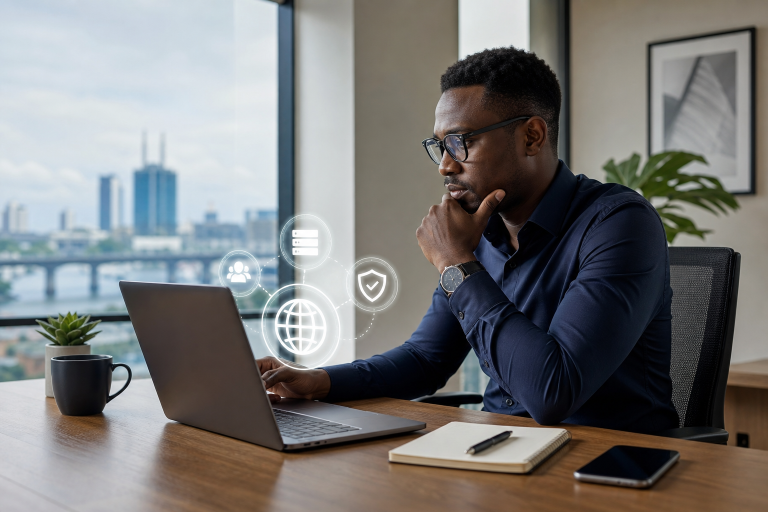 Nigerian entrepreneur choosing a domain name on a laptop in a modern office setting