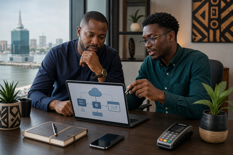 Nigerian business owner and developer reviewing web hosting options on a laptop in a modern office