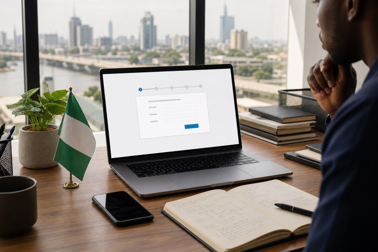 Nigerian business owner setting up WordPress hosting on a laptop in a modern office