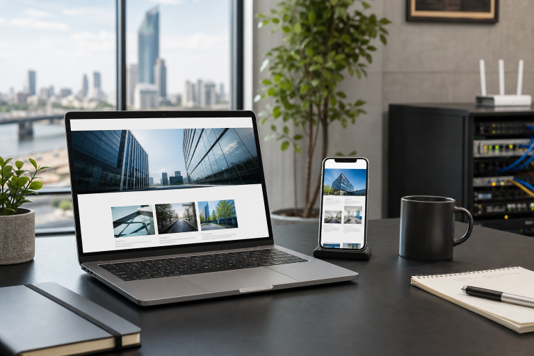 A Nigerian business workspace showing a laptop and smartphone with a fast-loading WordPress website