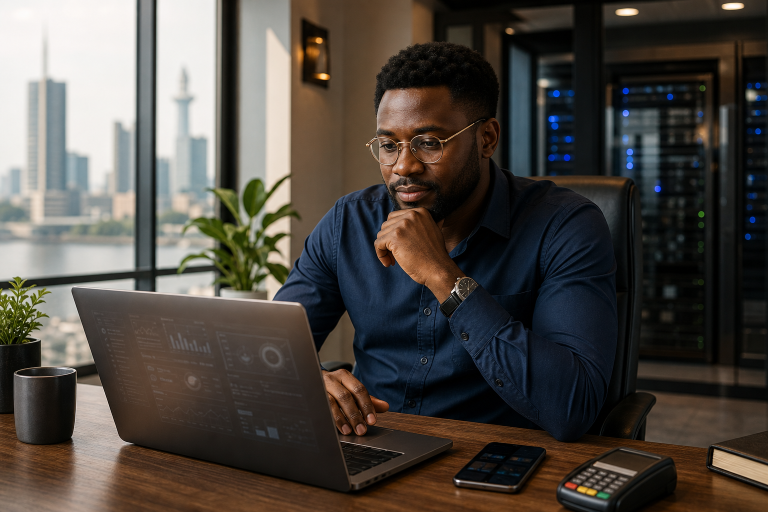 Nigerian entrepreneur planning a reseller hosting business with laptop, smartphone, and modern office setting
