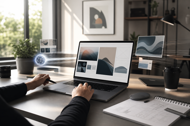Modern 2026 website design workspace illustrating Wix updates, AI-assisted design, and faster web building workflows