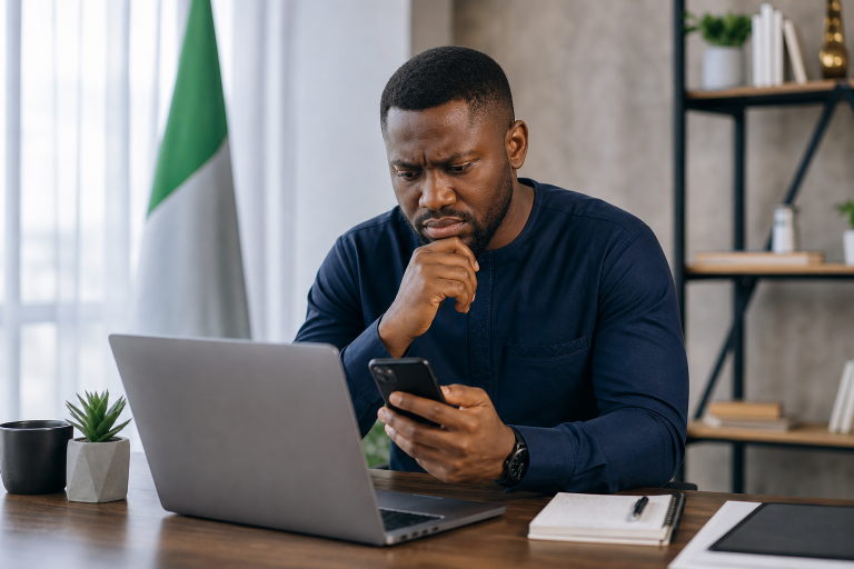 Nigerian business owner checking whether a website is down on a laptop and smartphone in a modern office