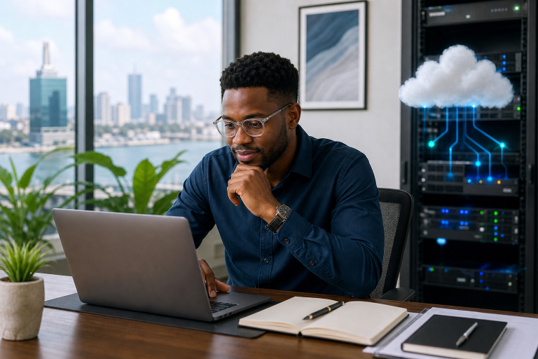 Nigerian entrepreneur reviewing reseller hosting plans in a modern office with subtle cloud infrastructure imagery