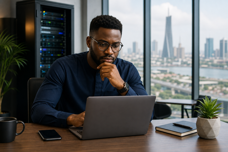 Nigerian business owner comparing shared hosting and VPS hosting on a laptop in a modern office setting