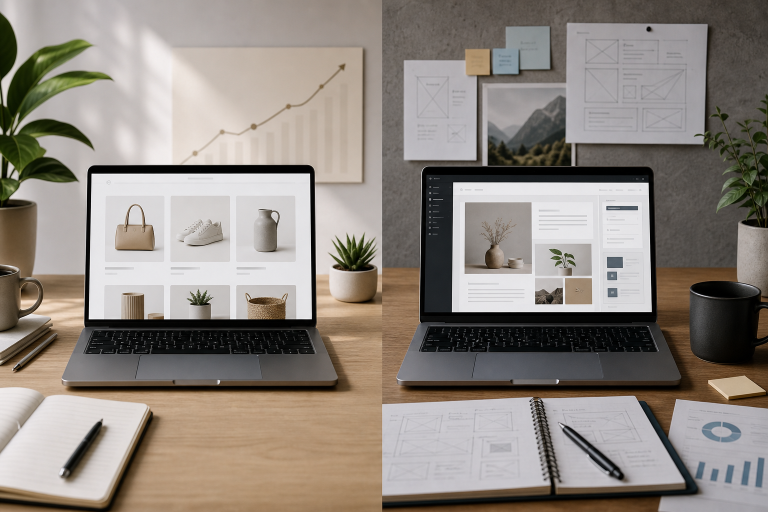 Split editorial image comparing a hosted ecommerce store setup and a WordPress ecommerce setup on a modern desk