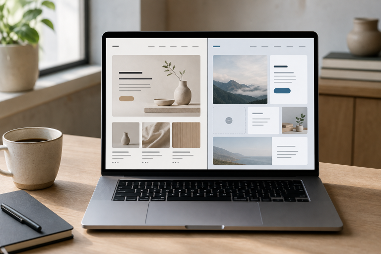 Modern comparison scene representing Squarespace and Wix website design choices on a clean workspace