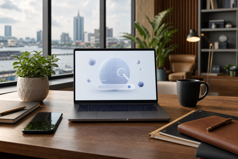Professional Nigerian startup workspace showing a founder’s desk with laptop and branding materials for choosing a domain name