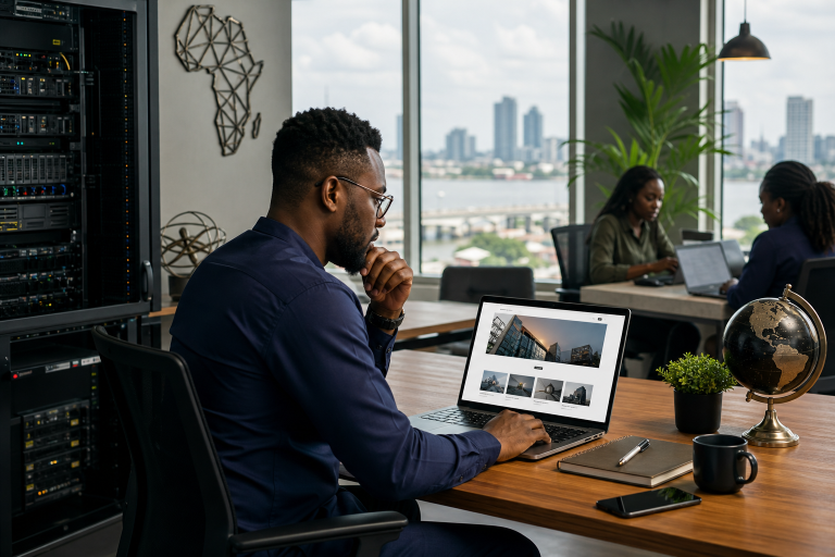 Nigerian business professional reviewing website hosting and domain setup on a laptop in a modern office