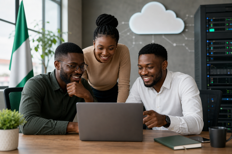 Business founder reviewing web hosting options for a Nigerian SME website in a modern office