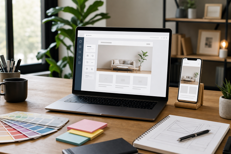 Modern workspace showing a laptop, design tools, and a mobile preview representing website builder trends in 2026.