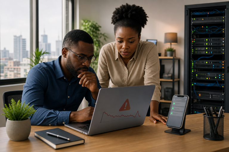 Nigerian business owner and developer reviewing website downtime issues in a modern office