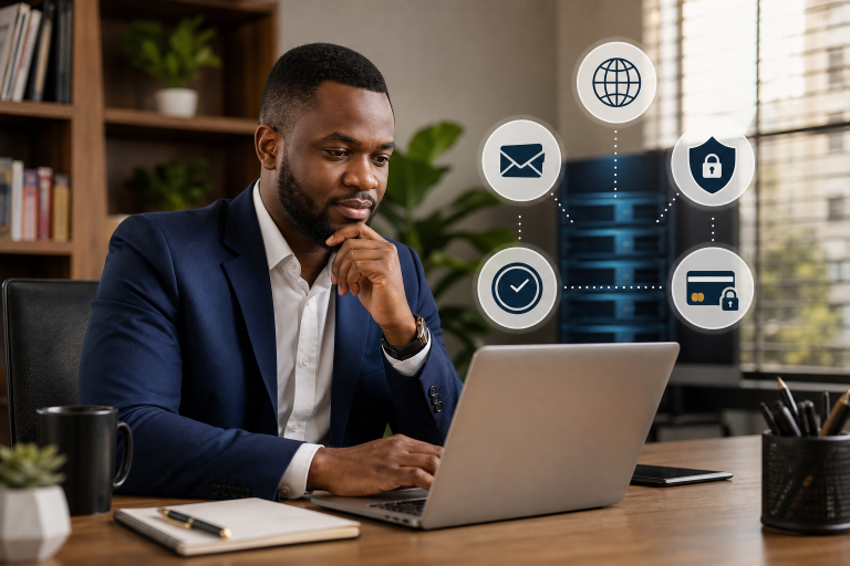 Nigerian business owner comparing hosting options for a small business website