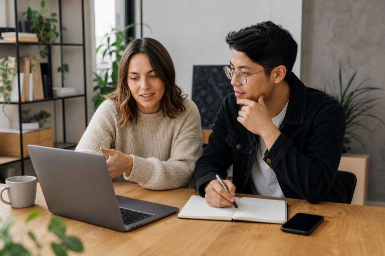 A business owner and developer reviewing website builder options on a laptop in a modern office