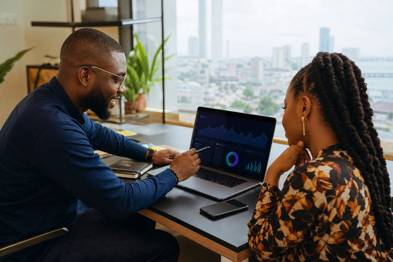 Nigerian business owner reviewing website performance on a laptop in a modern office