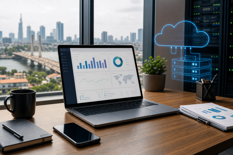 A modern Nigerian office workspace illustrating the choice between WordPress hosting and shared hosting