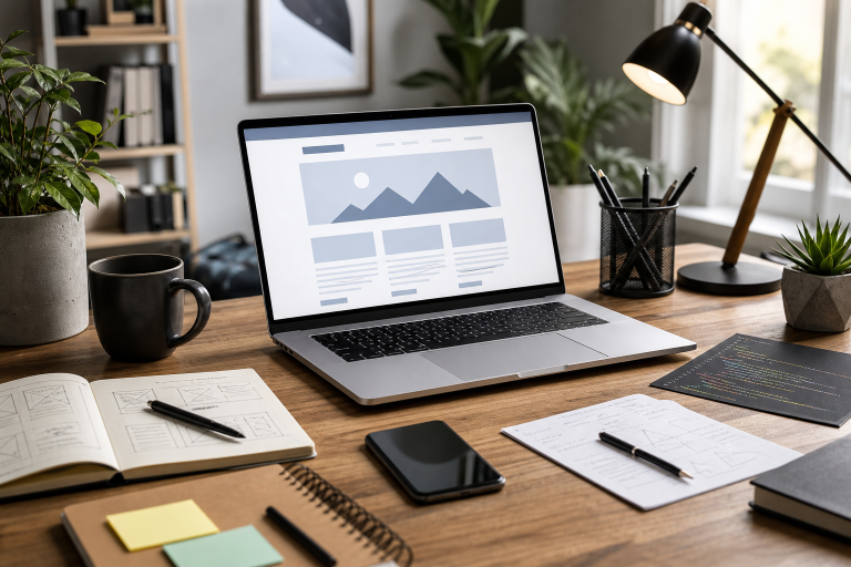 Modern workspace showing a beginner planning a WordPress website in 2026