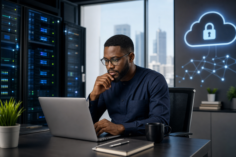 A Nigerian business professional reviewing WordPress hosting options on a laptop in a modern office with subtle server and cloud infrastructure visuals.