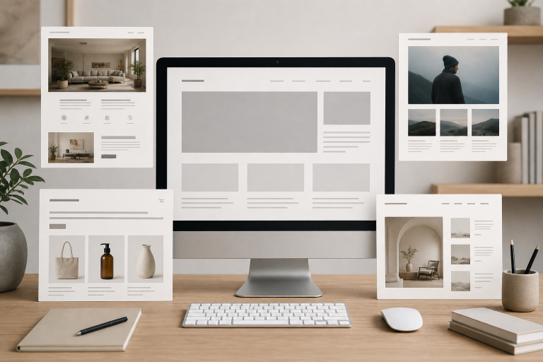 Modern workspace scene illustrating different website builder use cases for business, portfolio, ecommerce, and content websites