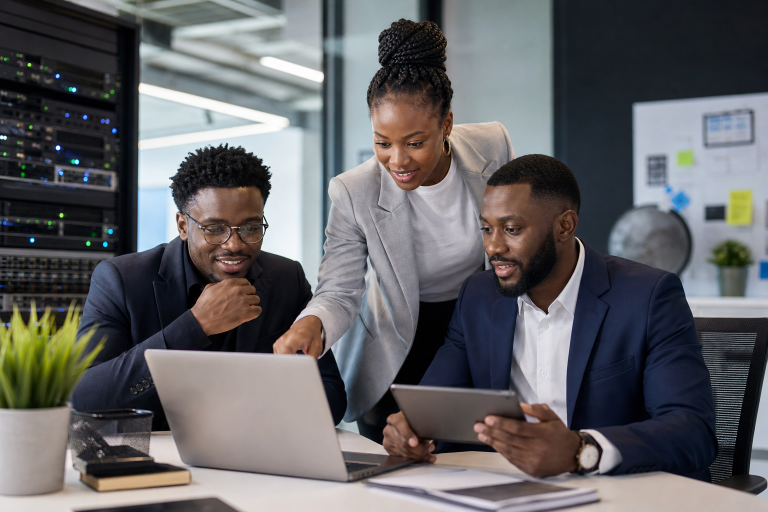 Business team reviewing web hosting options on a laptop in a modern office
