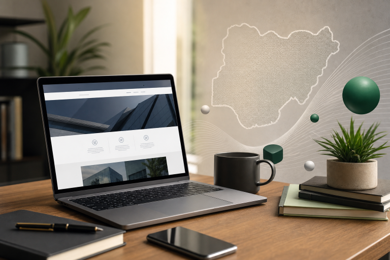 Modern business desk scene comparing global and Nigerian domain choices for a website strategy