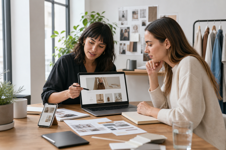 A business owner and designer reviewing a website layout and conversion strategy on a laptop in a modern workspace.
