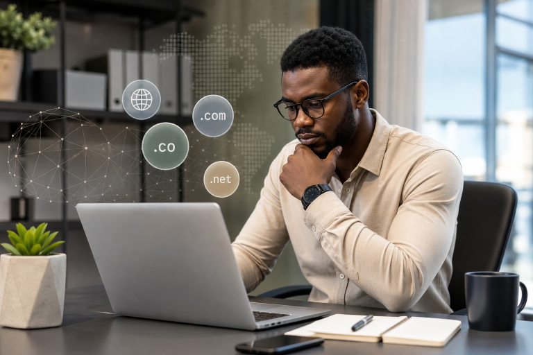 Startup founder reviewing domain name options on a laptop in a modern office