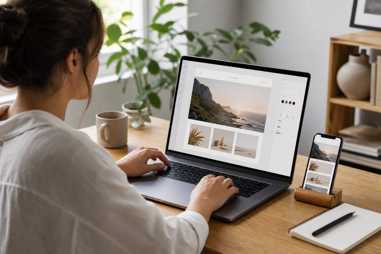 A beginner testing a website builder on a laptop with a smartphone preview beside it on a modern desk