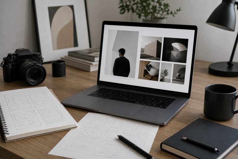 Modern workspace with a laptop, portfolio planning sketches, and design tools on a clean desk