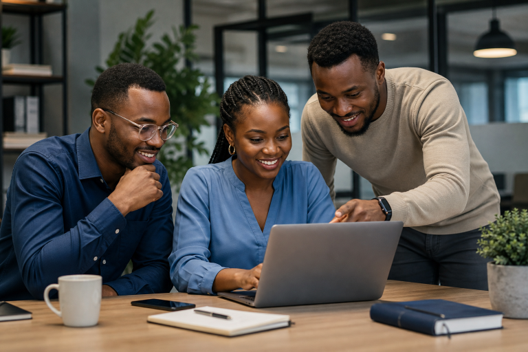 Professional workspace scene showing a Nigerian business owner planning to buy a .ng domain for a brand