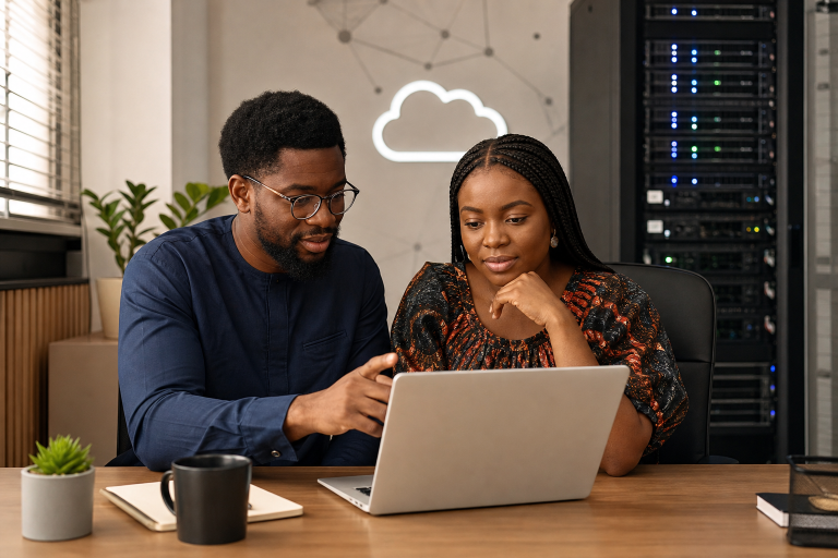Business owner and web developer reviewing hosting plan options on a laptop in a modern office