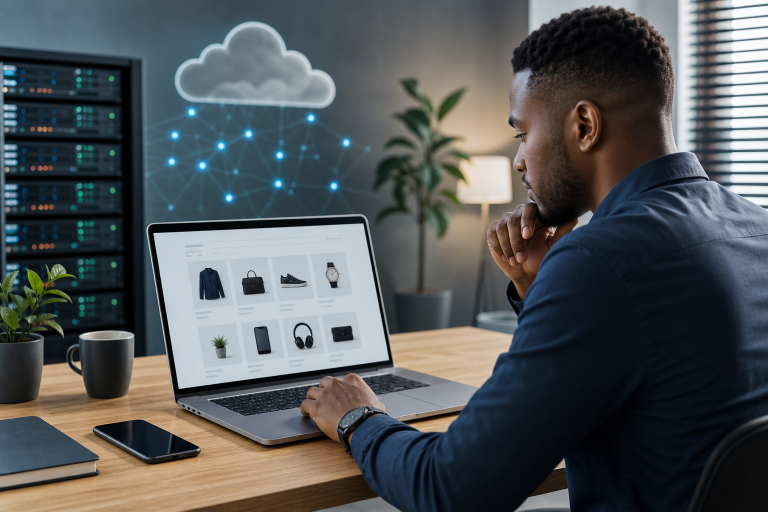 Professional Nigerian eCommerce hosting concept with laptop, smartphone, and cloud server visuals on a modern business desk