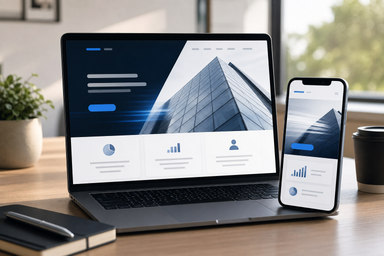 Modern business workspace with laptop and smartphone representing a fast mobile website