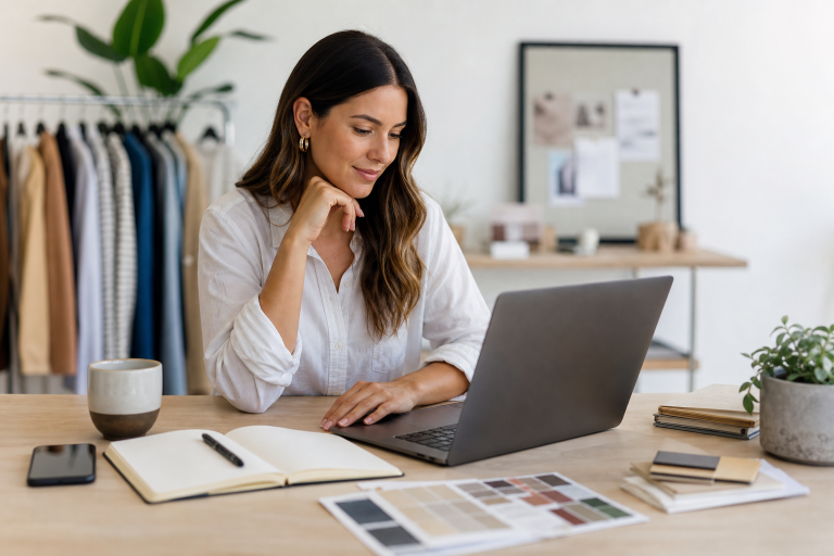 A person working on a laptop to refine a website builder site in a clean modern workspace
