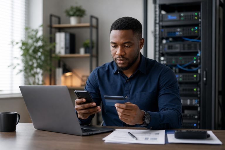 Business professional in Nigeria reviewing hosting payment options on a laptop with card and bank transfer details nearby