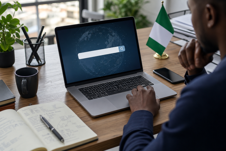 A modern business workspace showing a laptop, phone, and notebook used for registering a domain name in Nigeria
