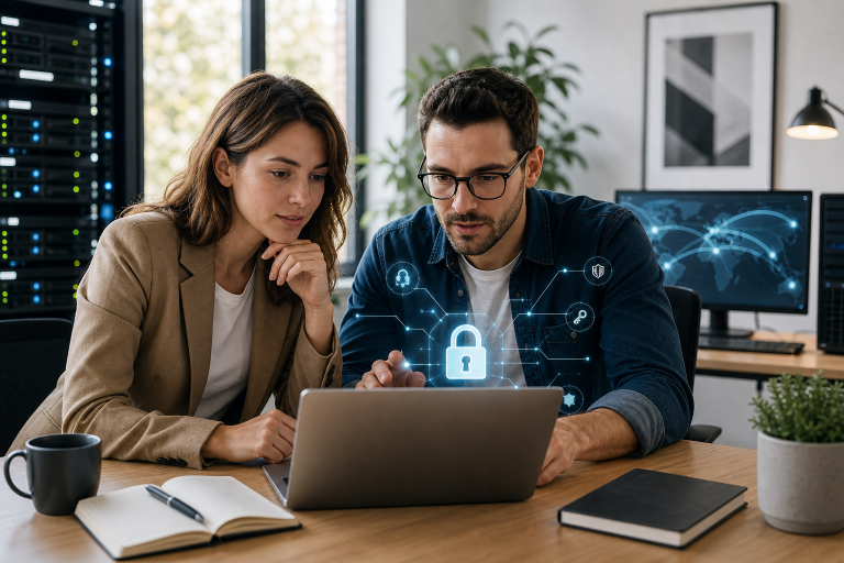 Business owner and developer reviewing website SSL security setup on a laptop in a modern office