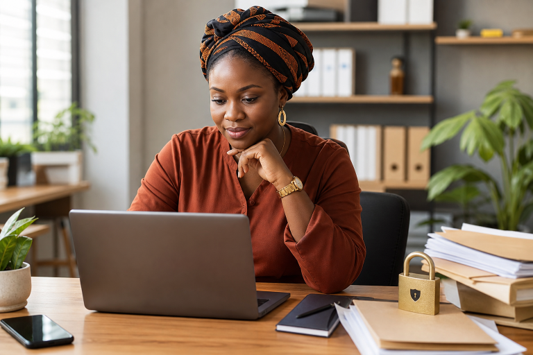 Nigerian business owner reviewing a laptop with data protection and privacy elements on the desk