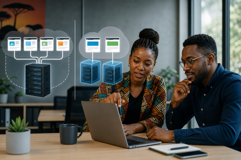 Split editorial illustration of shared hosting and VPS hosting for a business website decision